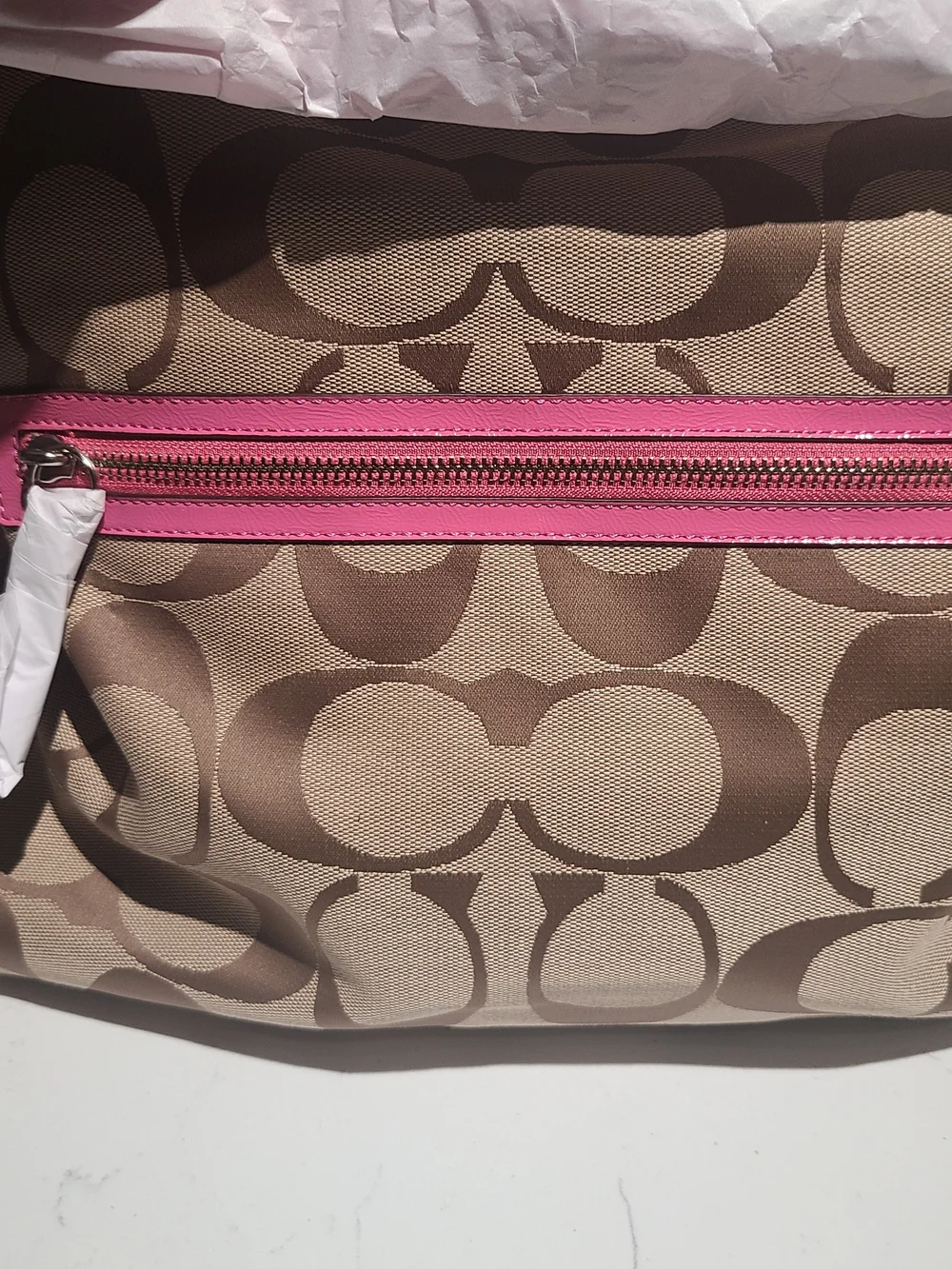 COACH Signature Stripe Khaki/Mulberry Pink Tote Bag Crossbody Purse NWT - Picture 6 of 12